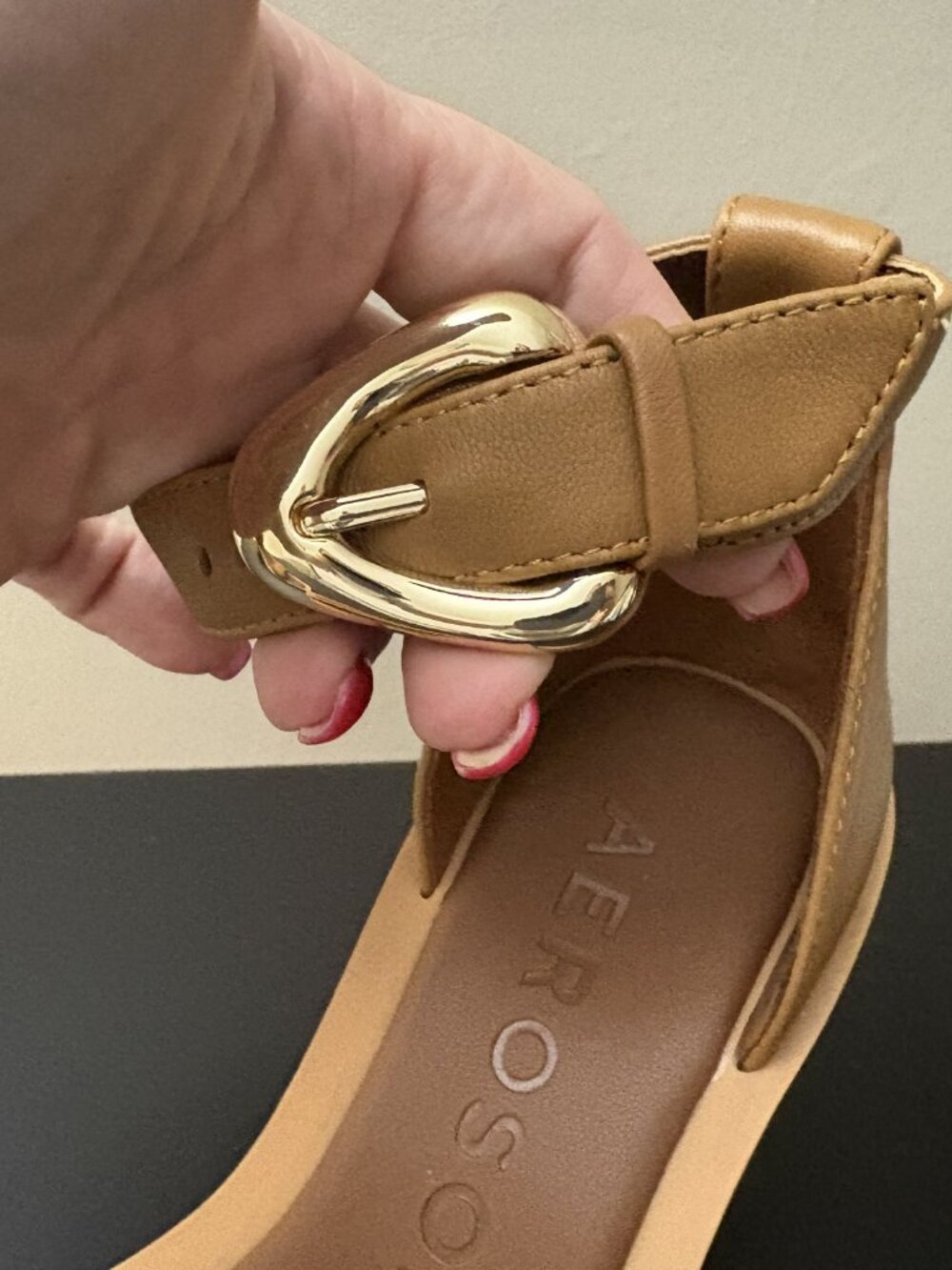 New Aerosoles Calico Tan Leather Ankle Strap Sculpted Heel Sandal Sz 8.5 B - Picture 5 of 6